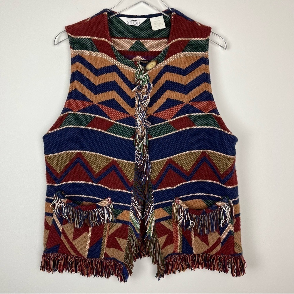 VINTAGE Colorful Woven Sweater Vest Fringe USA Made M/L